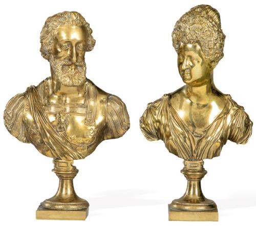  "Enrique IV" y "Margarita de Valois" pareja de bustos de bronce dorado, Francia S. XIX.
