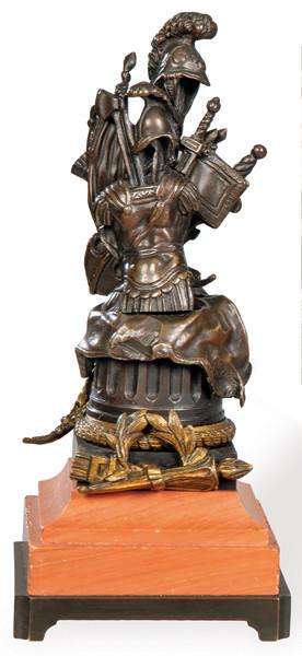 "Panoplia" en bronce patinado y dorado y mármol rosso antico, Italia S. XIX.