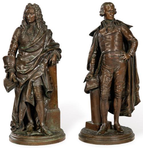  "Voltaire y Rousseau" pareja de esculturas de bronce patinado, Francia h. 1800