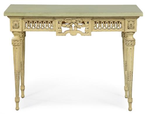 Consola Napoleón III estilo Luis XVI en madera tallada y policromada, con tapa marmorizada.