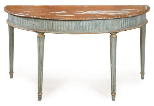  Consola Luis XVI de media luna en madera pintada y parcialmente dorada, de cintura y patas acanaladas. 