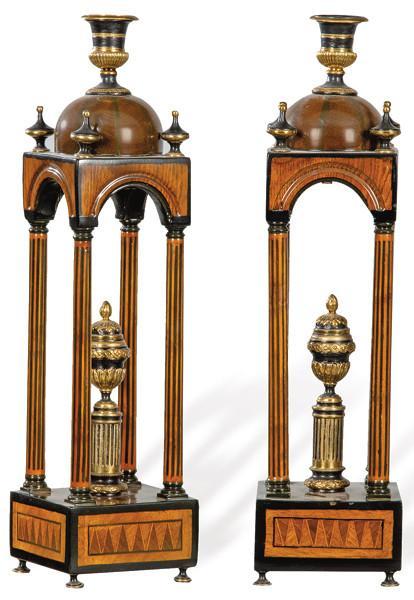  Pareja de templetes rematados en candelero de marquetería de maderas frutales, ébano y bronce S. XX.