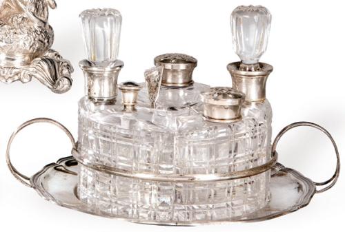 Convoy de mesa de cristal y  plata española punzonada 1ª Ley de Dionisio García h. 1940.