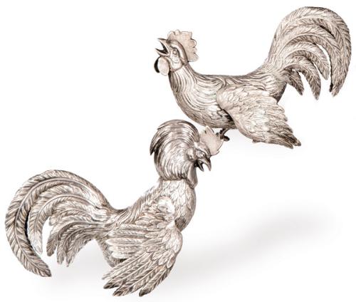 Pareja de gallos de plata española punzonada 1ª Ley de Dionísio García.