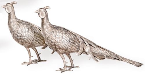 Pareja de faisanes de plata española punzonada 1ª Ley de Pasgrocy.