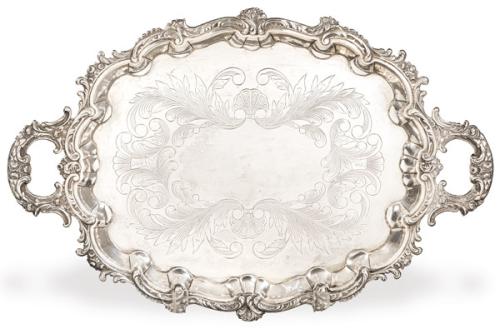 Bandeja oval de dos asas de plata española punzonada 1ª Ley.