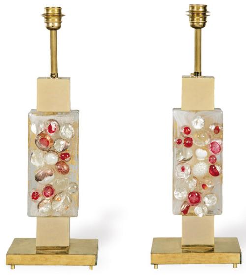 Pareja de lámparas de mesa con estructura de latón y cristal de Murano.