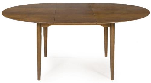 Mesa de comedor extensible en madera de teca sobre patas torneadas.