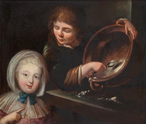 ESCUELA FRANCESA FNS. S. XVIII - Doble retrato con niño bebiendo sopas