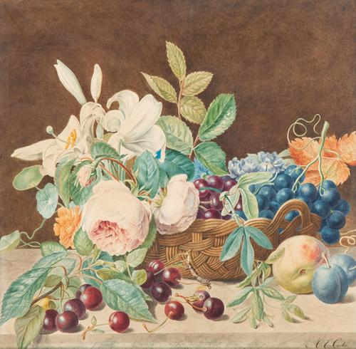M. E. GUSTER - Bodegón con cesto de flores y fruta