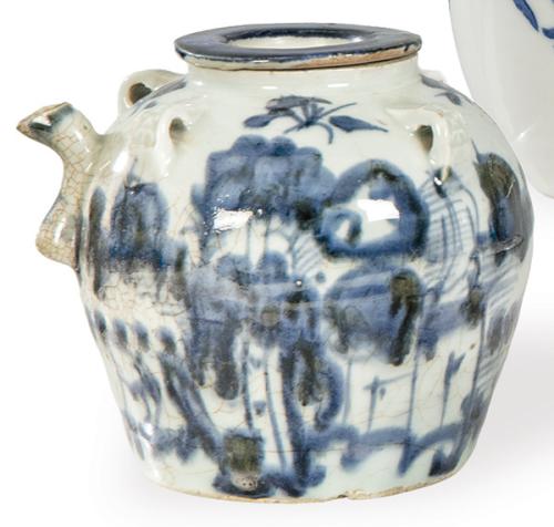 Jarra de agua de porcelana china azul y blanco, Dinastía Qing S. XIX.