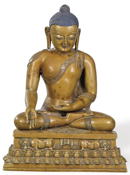 "Buda Sentado" en bronce patinado y pintado, Tibet S. XVIII.