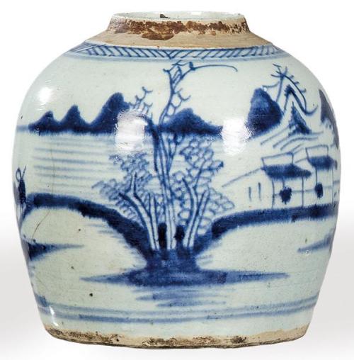  Bote de jengibre de porcelana china azul y blanco, Dinastía Qing ff. S. XVIII pp. S. XIX.