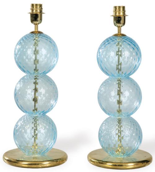 Pareja de lámparas de mesa de cristal de Murano y latón h. 1980.