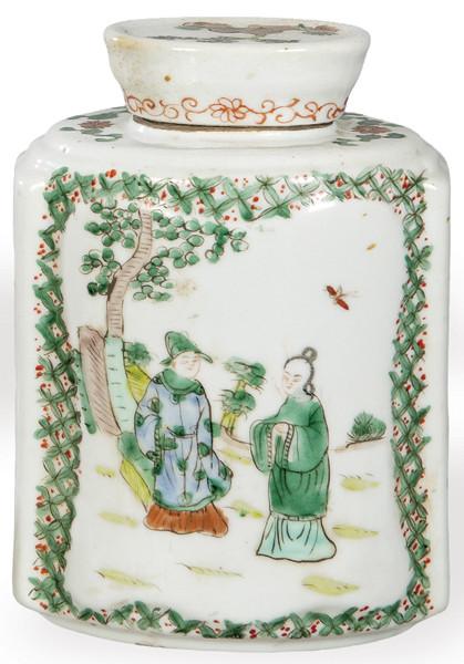  Bote de te de porcelana china con esmaltes de la Famila Verde, Dinastía Qing S. XIX