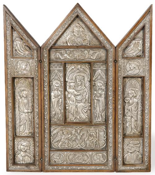  Tríptico de nogal y plata, España primera mitad S. XX