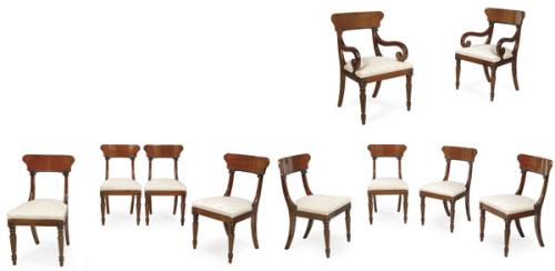  Conjunto de 6 sillas y dos butacas estilo victoriano en madera de caoba