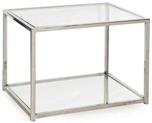  Mesa auxiliar con estructura tubular de perfil cuadrado en metal cromado, con dos baldas de vidrio.