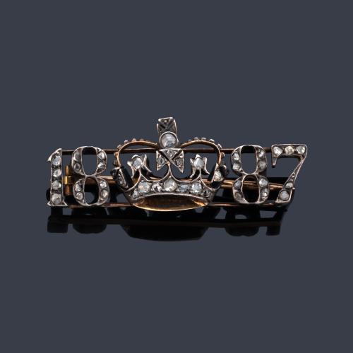  Pequeño broche época victoriana con una corona real y la fecha conmemorativa del Jubileo de oro '1887' para celebrar los 50 años del reinado de la Reina Victoria de Inglaterra.