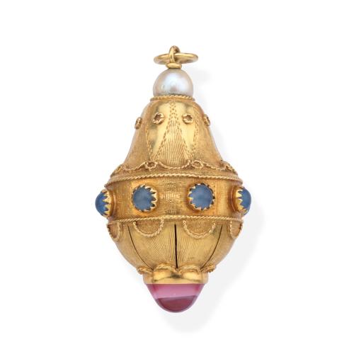 Colgante con forma de pera con piedra luna talla cabujón y remate de cuarzo rosa.