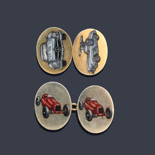  Gemelos ovalados con motivos de coches clásicos pintados a mano, en montura de oro amarillo de 9K.