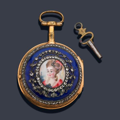 CH OUDIN BREVETE París, reloj catalina con caja en metal dorado, esmalte y strass.