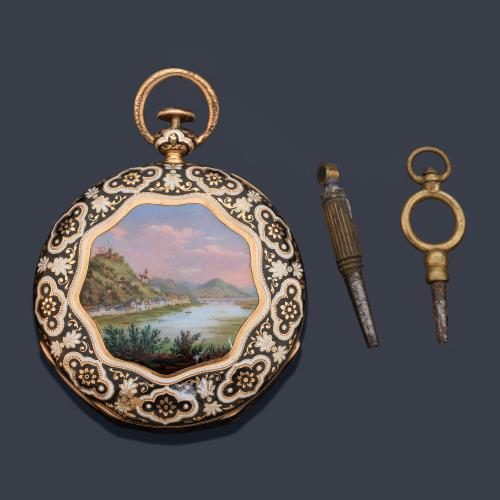 MOULINNE AINE & Cie, reloj lepin sonería con caja en oro rosa de 18 K y esmalte.