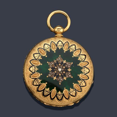 FAVRE & JACOT nº 17228, reloj saboneta con caja en oro amarillo de 18 K, esmalte y diamantes.