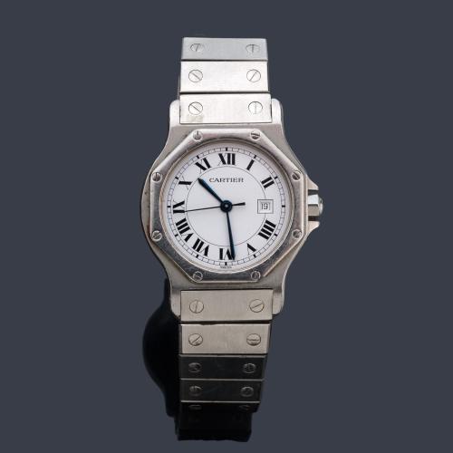 CARTIER Santos modelo cadete con caja y brazalete en acero.