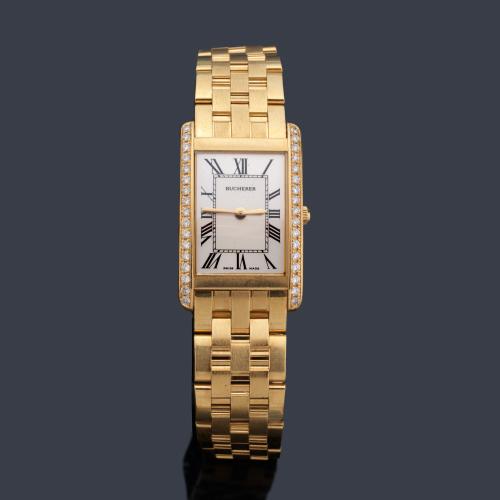 BUCHERER de señora con caja y brazalete en oro amarillo de 18 K con brillantes.