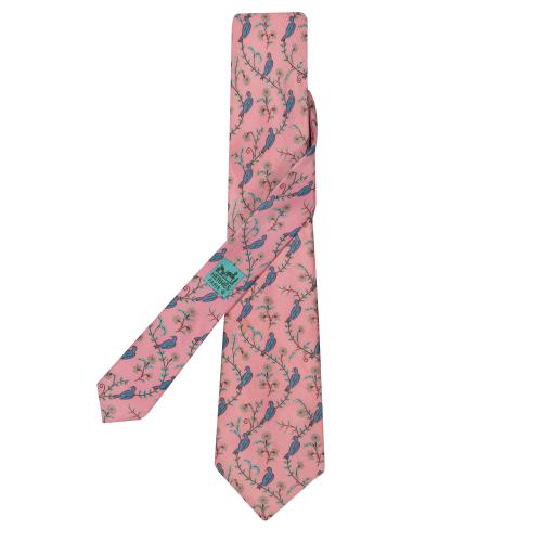  Corbata Hermés motivos de pájaros en color rosa.