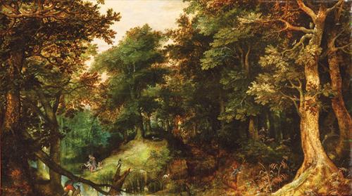 GILLIS VAN CONINXLOO - Paisaje boscoso con cazadores