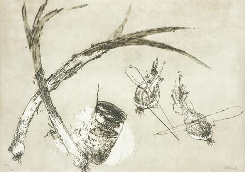 MIQUEL BARCELÓ - Puerros, cebollas, cuchillos y vaso. (tres Bodegones)