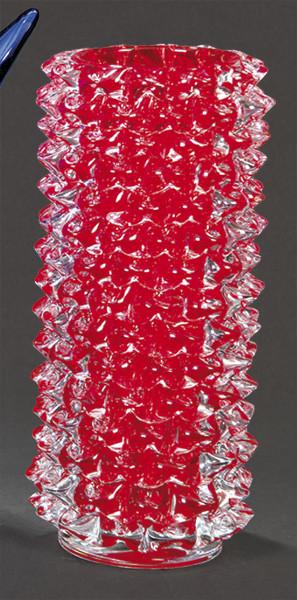  Jarrón cilíndrico de cristal de Murano rojo y transparente.