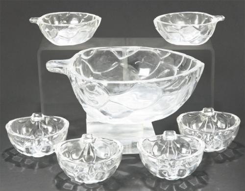  Juego de postre de cristal prensado en forma de piña con cuenco y seis cuencos individuales.