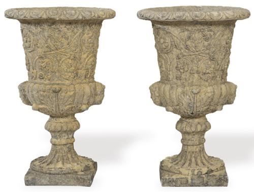 Pareja de copas de arenisca para jardín.