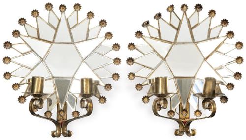 Pareja de apliques de pared de latón y espejo h. 1960-70.