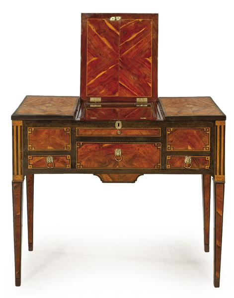 Tocador, «coiffeuse» o «poudreuse» Carlos IV, en madera de nogal, palosanto, con decoración de marquetería de motivos geométricos en maderas finas.