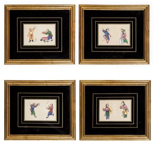  Cuatro papeles de arroz chnos pintados al guache representando personas en diversas actitudes, Dinastía Qing S. XIX.