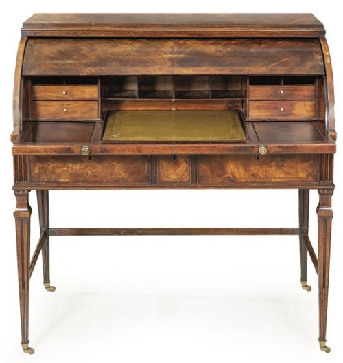 Escritorio cilindro Jorge III tardío estilo de transición con influencias Hepplewhite