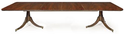 Mesa de comedor Regencia, extensible, con tapa rectangular en madera de caoba sobre pedestales abalaustrados torneados y patas curvas estriadas acabadas en garras de animal en bronce. Inglaterra, finales S. XVIII