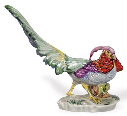  Figura de porcelana policromada representando un faisán macho, manufactura alemana, primera mitad del siglo XX, atribuible a la órbita de Hertwig & Co., Katzhütte.