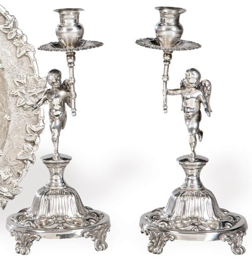  Pareja de candeleros de plata española punzonada 1ª Ley de Montejo con marca comercial de J. Pérez Fernández.
