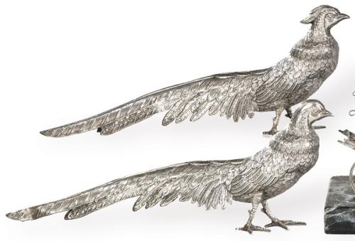  Pareja de faisanes de plata española punzonada 1ª Ley.
