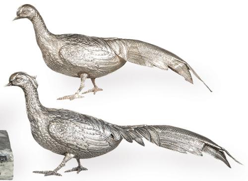 Pareja de faisanes de plata española punzonada 1ª Ley de Cortabarría y Cia.