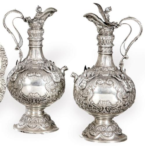  Pareja de jarras de plata española punzonada 1ª Ley de Pasgorcy con marcas de Orfebrería Rizomera.