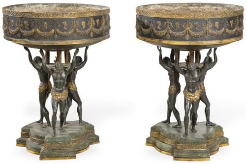  Pareja de jardineras de bronce dorado y patinado y mármol verde, S. XIX.