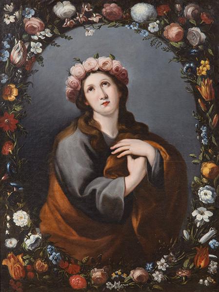 ESCUELA SICILIANA S. XVIII - Santa Rosa de Lima en orla de flores