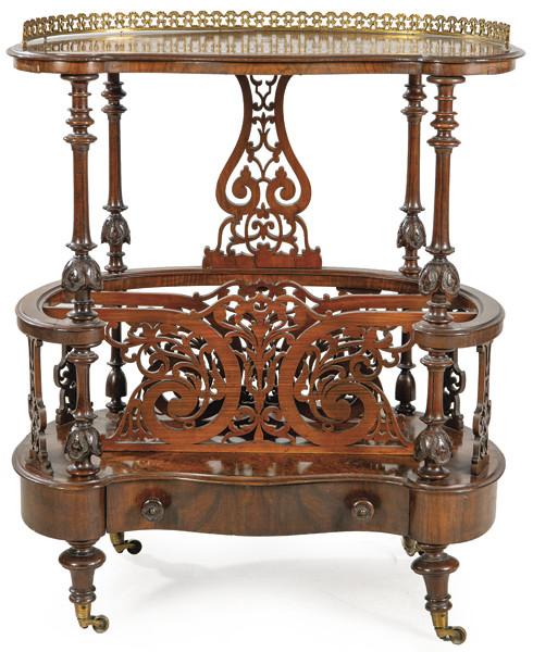  Canterbury victoriano en madera de nogal y caoba, con balaustres tallados y torneados. Faltas.