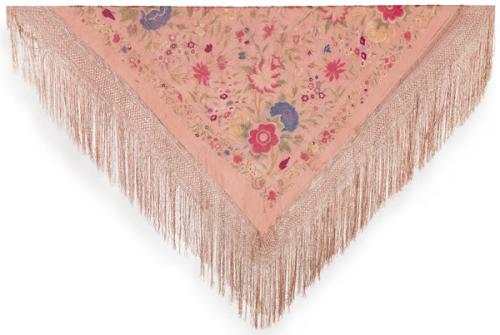 Mantón de seda natural en color rosa empolvado con bordados de colores